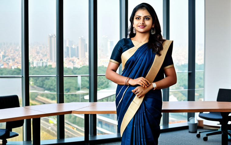 **

"A confident Indian businesswoman in a professional saree, standing in a modern office with a cityscape view, fully clothed, appropriate attire, safe for work, perfect anatomy, natural proportions, professional photography, high quality, family-friendly"

**
