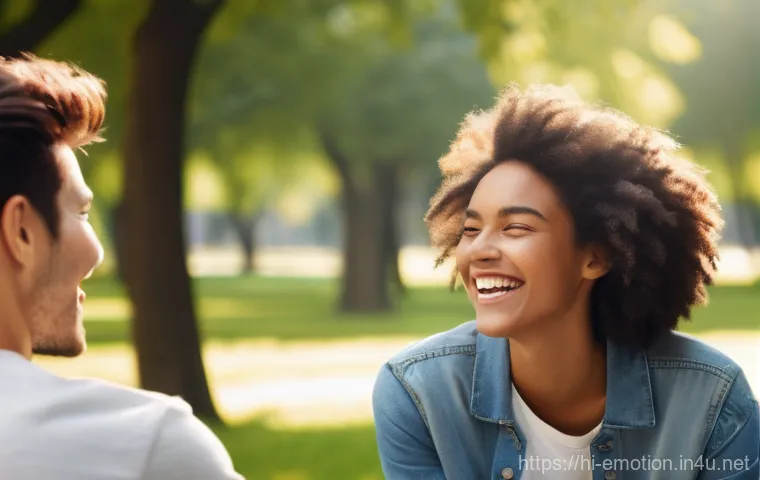 감정전이와 비언어적 소통 - **Prompt:** A vibrant and warm image depicting two friends sharing a moment of pure joy in a sun-dap...