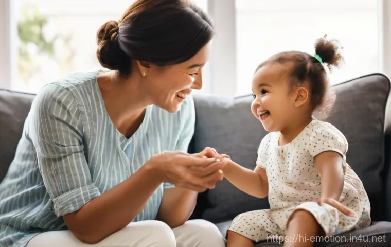 감정전이 부모 자식 관계 - **Prompt 1: Joyful Family Connection**
    "A heartwarming and brightly lit scene depicting a mother...