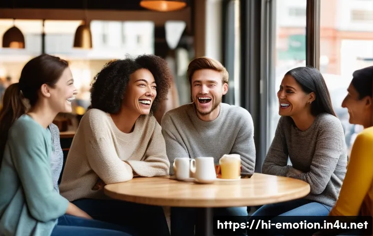 감정전이와 심리적 균형 - **Prompt:** "A diverse group of friends, all adults in their mid-twenties, are gathered around a tab...