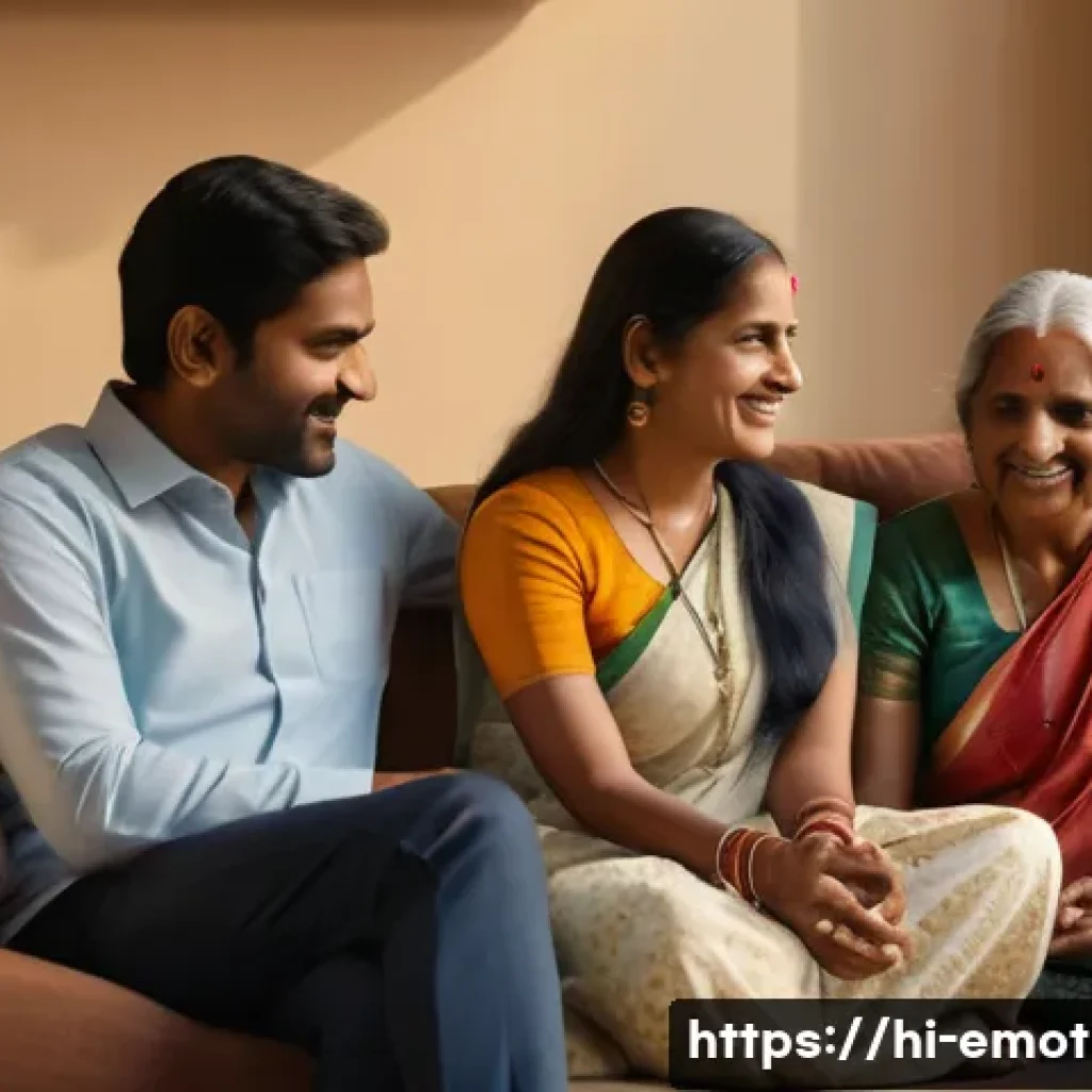 감정전이와 마음챙김 - A serene family scene portraying emotional connection: a warm, sunlit living room with a diverse Ind...