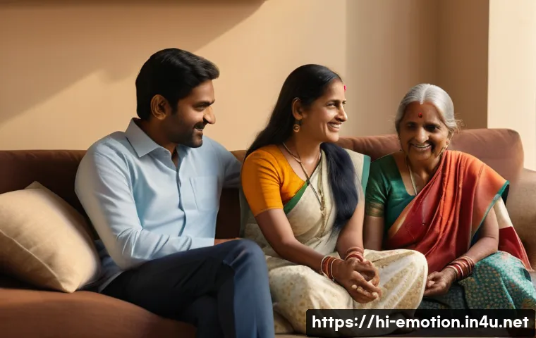 감정전이와 마음챙김 - A serene family scene portraying emotional connection: a warm, sunlit living room with a diverse Ind...