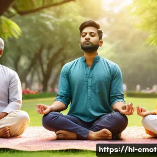 Home 15 감정전이 정신 건강 - A serene scene depicting a diverse group of Indian adults practicing mindfulness meditation together...