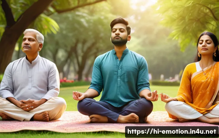 감정전이 정신 건강 - A serene scene depicting a diverse group of Indian adults practicing mindfulness meditation together...