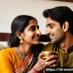 감정전이와 사랑의 표현 - A warm and intimate scene depicting a young Indian couple sitting together in a cozy living room, ex...