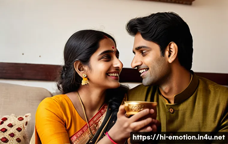감정전이와 사랑의 표현 - A warm and intimate scene depicting a young Indian couple sitting together in a cozy living room, ex...