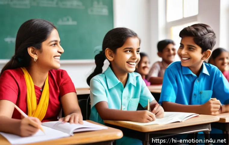 감정전이 학습 이론 - A vibrant classroom scene showing a diverse group of Indian students actively engaged in learning wi...