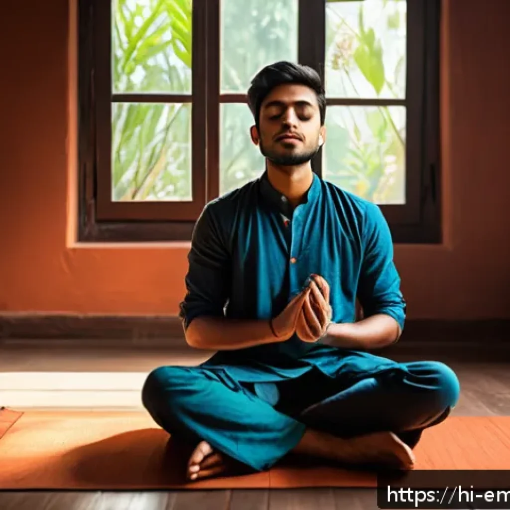 감정전이와 스트레스 대처 - A serene indoor scene showing a young Indian man sitting cross-legged on a wooden floor in a cozy ro...