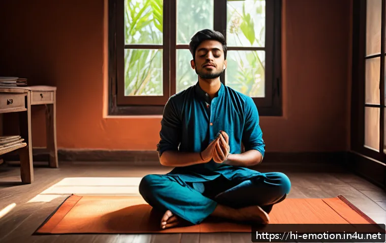 감정전이와 스트레스 대처 - A serene indoor scene showing a young Indian man sitting cross-legged on a wooden floor in a cozy ro...