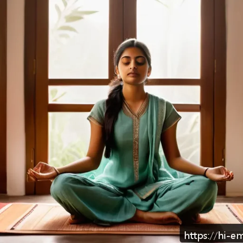 감정전이와 외상 후 성장 - A serene scene of a young Indian woman sitting cross-legged in a quiet room practicing mindfulness m...
