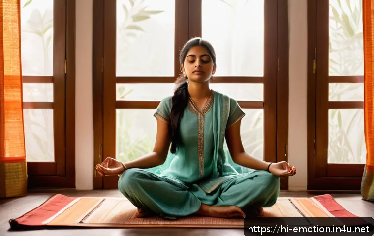 감정전이와 외상 후 성장 - A serene scene of a young Indian woman sitting cross-legged in a quiet room practicing mindfulness m...
